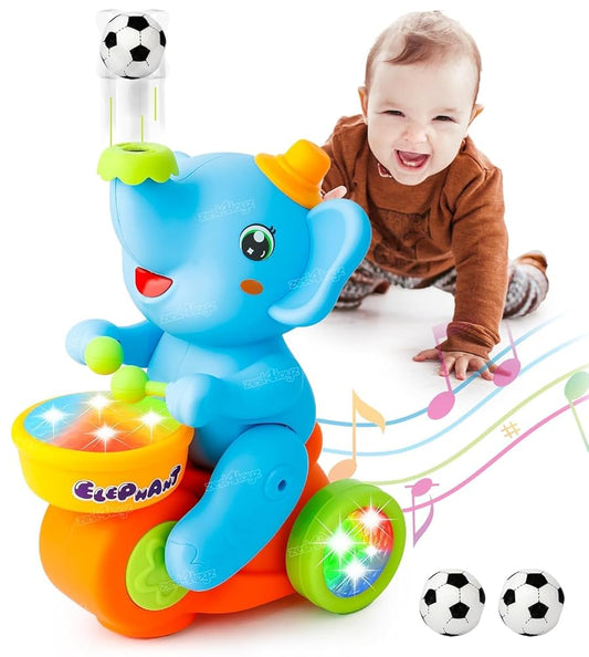 Blowing Elephant Musician Toy | Walking Drummer with Flashing Lights & 2 Blowing Balls